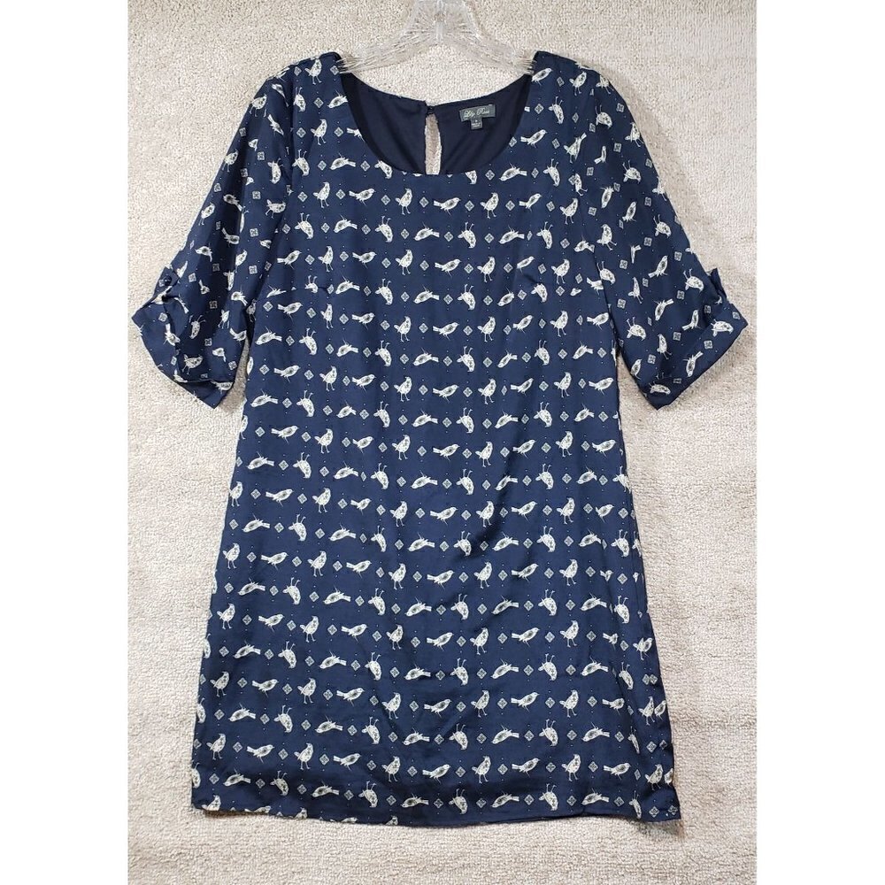 Lily Rose Shift Dress Sz S Small Novelty Bird Print Lined Rolled Cuff Navy Blue